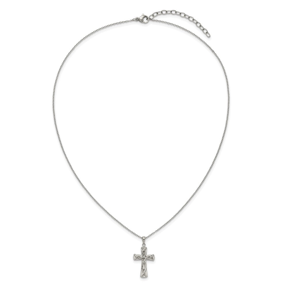 Chisel Stainless Steel Polished Cross with Ichthus Pattern Pendant on an 18 inch Plus a 2 inch Extension Cable Chain NecklaceSRN3251-18