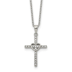 Chisel Stainless Steel Polished with CZ Cross with Heart Pendant on an 18 inch Plus 2 inch Extension Cable Chain NecklaceSRN3254-18