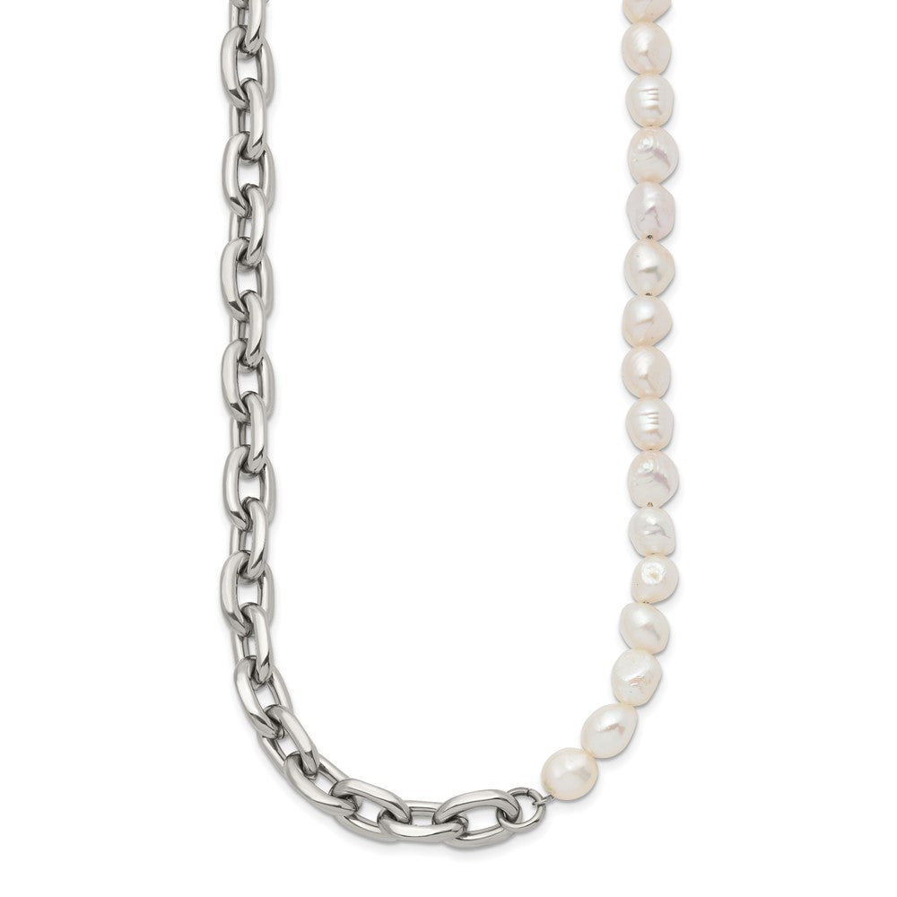 Chisel Stainless Steel Polished Open Link Half Baroque Pearl Beaded 20 inch Plus a 2 inch Extension NecklaceSRN3280-20