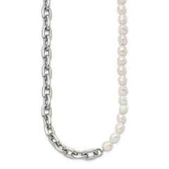 Chisel Stainless Steel Polished Open Link Half Baroque Pearl Beaded 20 inch Plus a 2 inch Extension NecklaceSRN3280-20