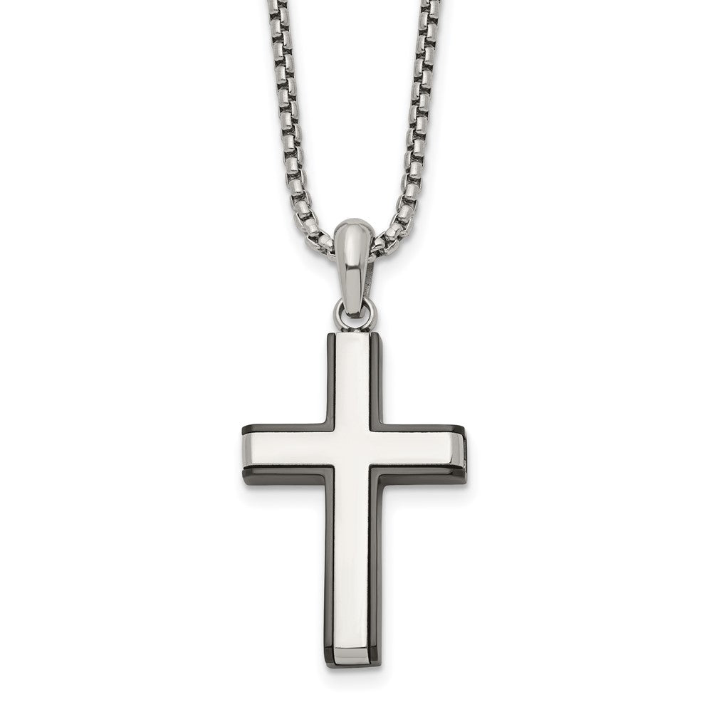 Chisel Stainless Steel Polished Black IP-plated Edges Cross Pendant on a 20 inch Box Chain NecklaceSRN3298-20