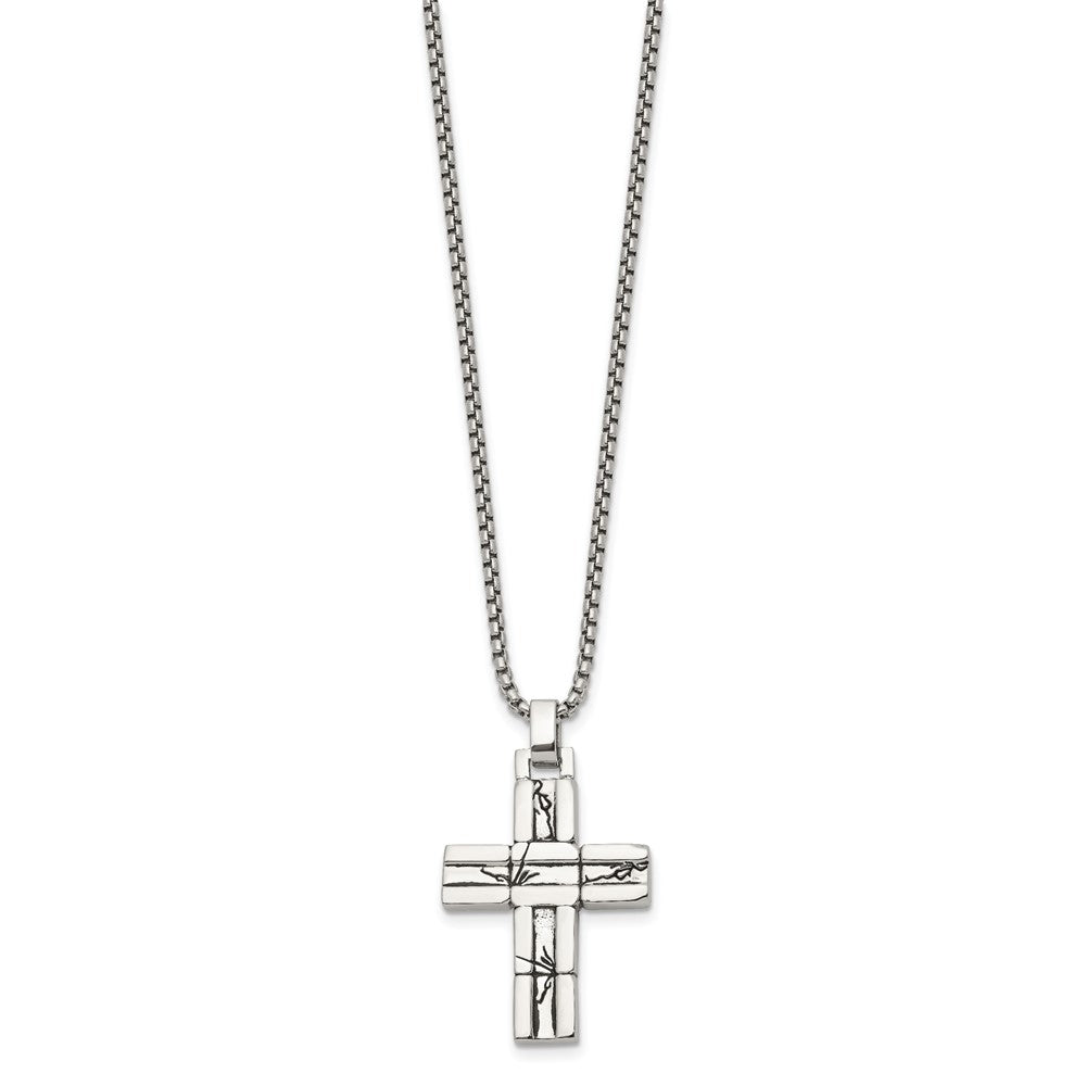 Chisel Stainless Steel Antiqued and Polished Cracked Cross Pendant on a 20 inch Box Chain NecklaceSRN3313-20
