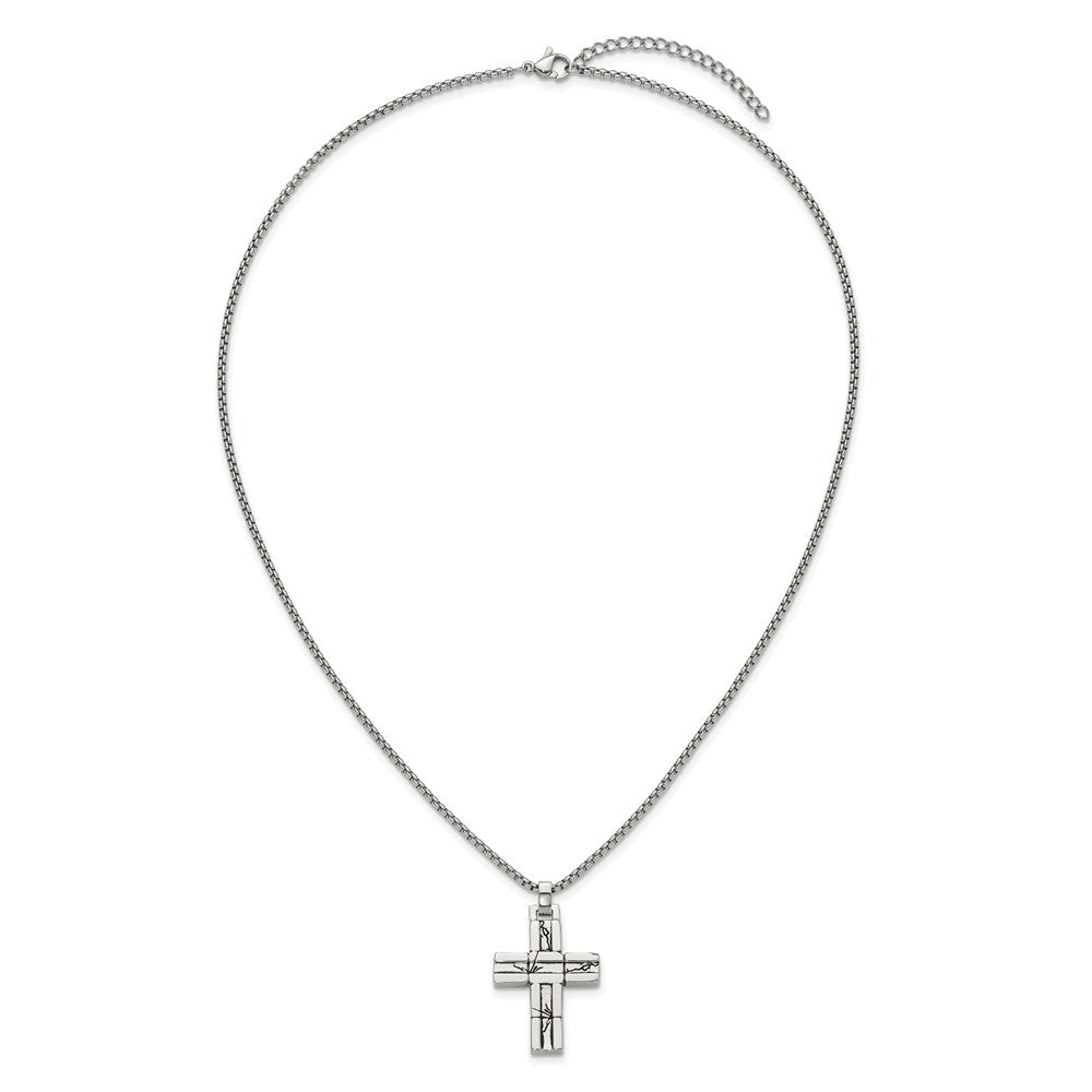 Chisel Stainless Steel Antiqued and Polished Cracked Cross Pendant on a 20 inch Box Chain NecklaceSRN3313-20