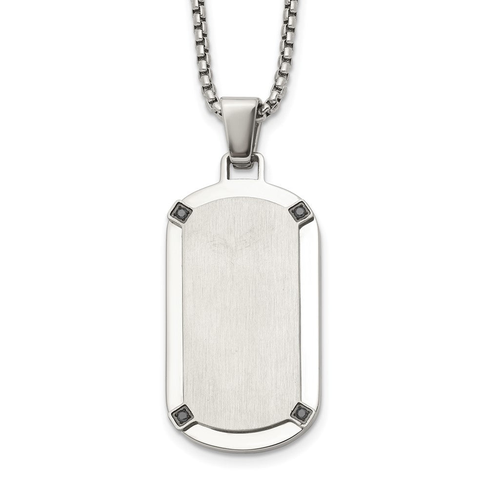 Chisel Stainless Steel Brushed and Polished Black CZ Dog Tag on a 20 inch Box Chain NecklaceSRN3317-20
