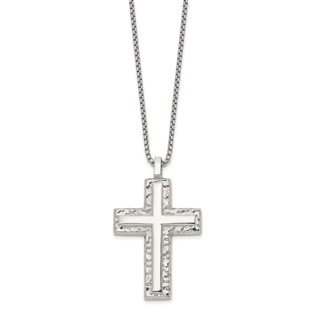Chisel Stainless Steel Polished and Textured Cross Pendant on a 24 inch Box Chain NecklaceSRN3351-24
