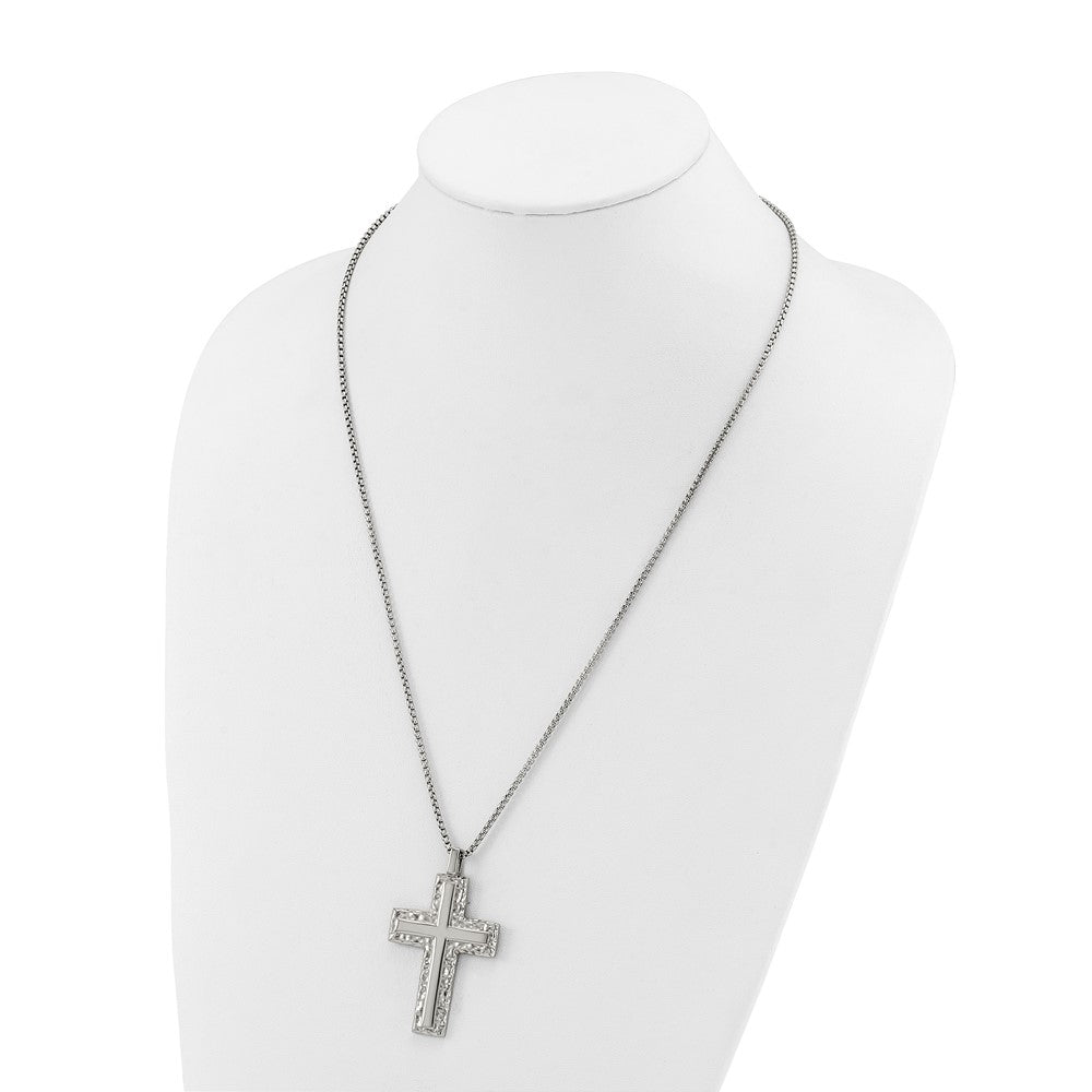 Chisel Stainless Steel Polished and Textured Cross Pendant on a 24 inch Box Chain NecklaceSRN3351-24
