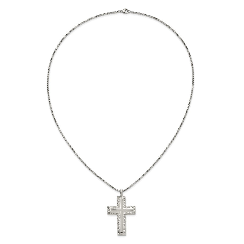 Chisel Stainless Steel Polished and Textured Cross Pendant on a 24 inch Box Chain NecklaceSRN3351-24