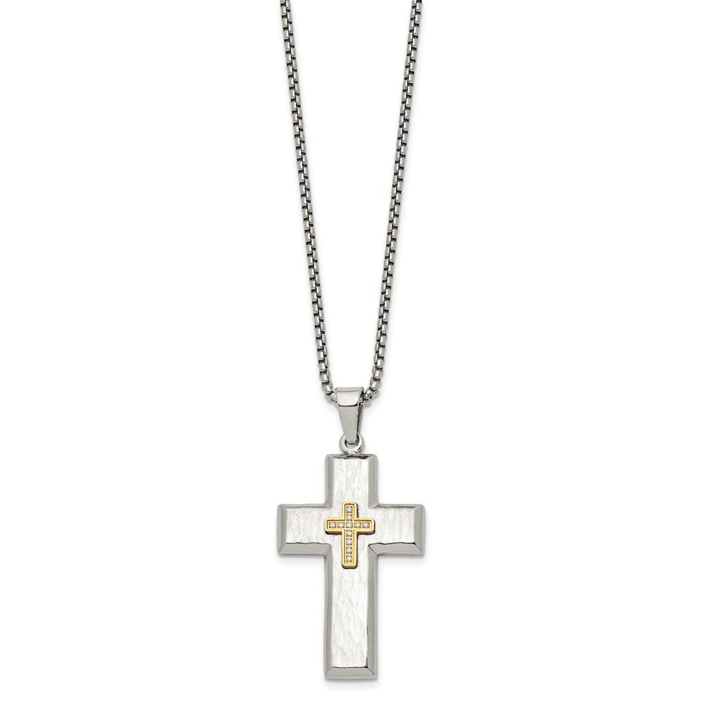 Chisel Stainless Steel Brushed Polished and Hammered Yellow IP-plated with CZ Cross Pendant on a 24 inch Box Chain NecklaceSRN3355-24