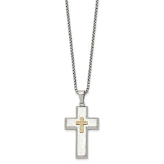 Chisel Stainless Steel Brushed Polished and Hammered Yellow IP-plated with CZ Cross Pendant on a 24 inch Box Chain NecklaceSRN3355-24