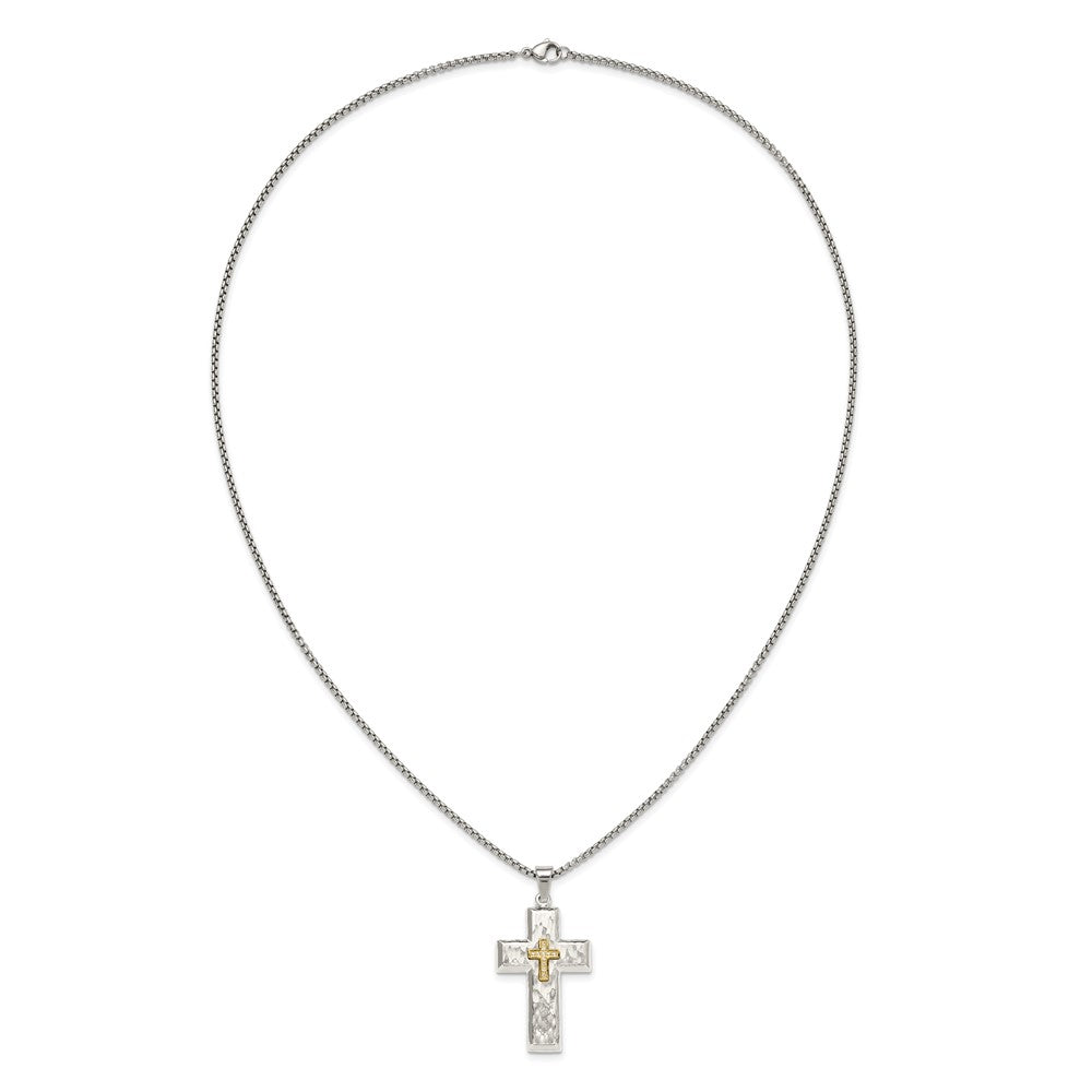Chisel Stainless Steel Brushed Polished and Hammered Yellow IP-plated with CZ Cross Pendant on a 24 inch Box Chain NecklaceSRN3355-24