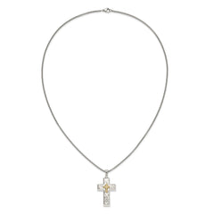 Chisel Stainless Steel Brushed Polished and Hammered Yellow IP-plated with CZ Cross Pendant on a 24 inch Box Chain NecklaceSRN3355-24