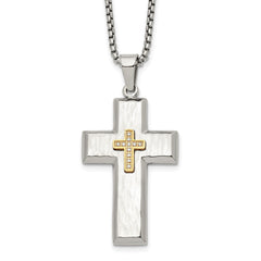 Chisel Stainless Steel Brushed Polished and Hammered Yellow IP-plated with CZ Cross Pendant on a 24 inch Box Chain NecklaceSRN3355-24