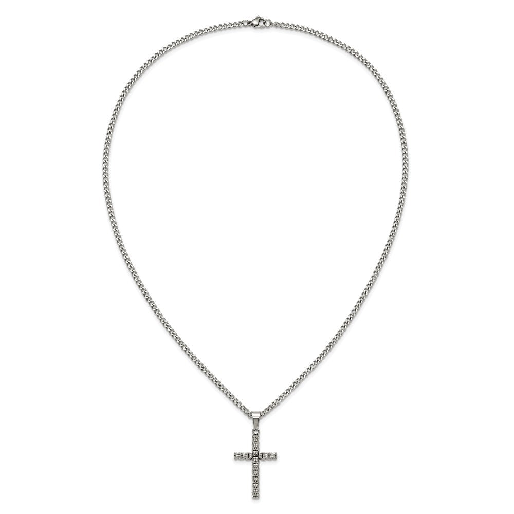 Chisel Stainless Steel Polished Woven Cross Pendant on a 22 inch Curb Chain NecklaceSRN3366-22