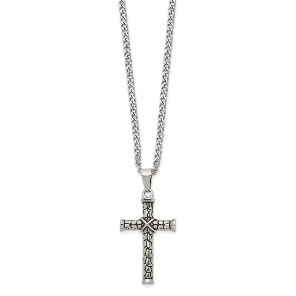 Chisel Stainless Steel Antiqued and Polished Cross Pendant on a 22 inch Curb Chain NecklaceSRN3367-22
