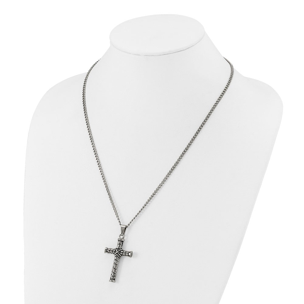 Chisel Stainless Steel Antiqued and Polished Cross Pendant on a 22 inch Curb Chain NecklaceSRN3367-22