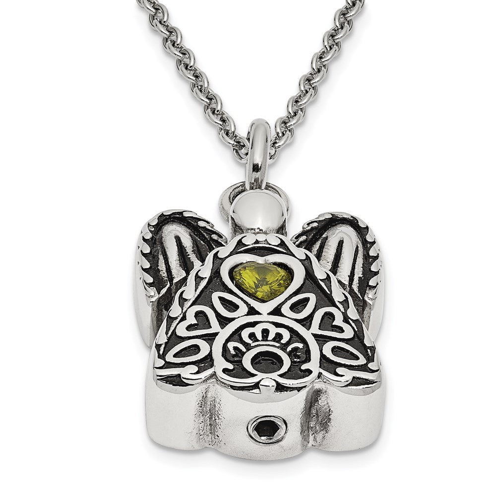 Sentimental Expressions Stainless Steel Light Green CZ August Birthstone Antiqued Angel Ash Holder 18 Inch Necklace SSX100AUG
