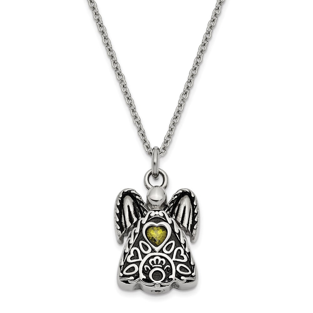 Sentimental Expressions Stainless Steel Light Green CZ August Birthstone Antiqued Angel Ash Holder 18 Inch Necklace SSX100AUG