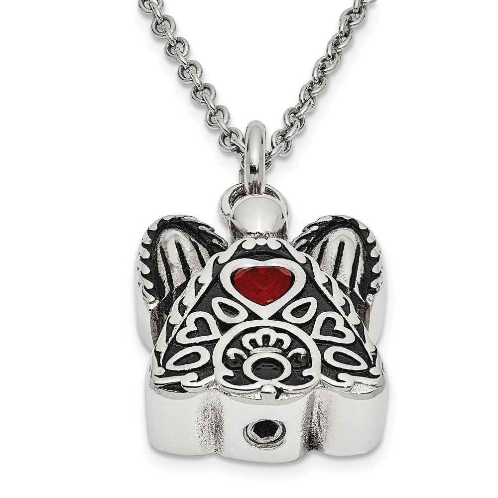 Sentimental Expressions Stainless Steel Red CZ July Birthstone Antiqued Angel Ash Holder 18 Inch Necklace SSX100JUL