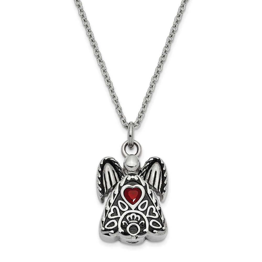 Sentimental Expressions Stainless Steel Red CZ July Birthstone Antiqued Angel Ash Holder 18 Inch Necklace SSX100JUL