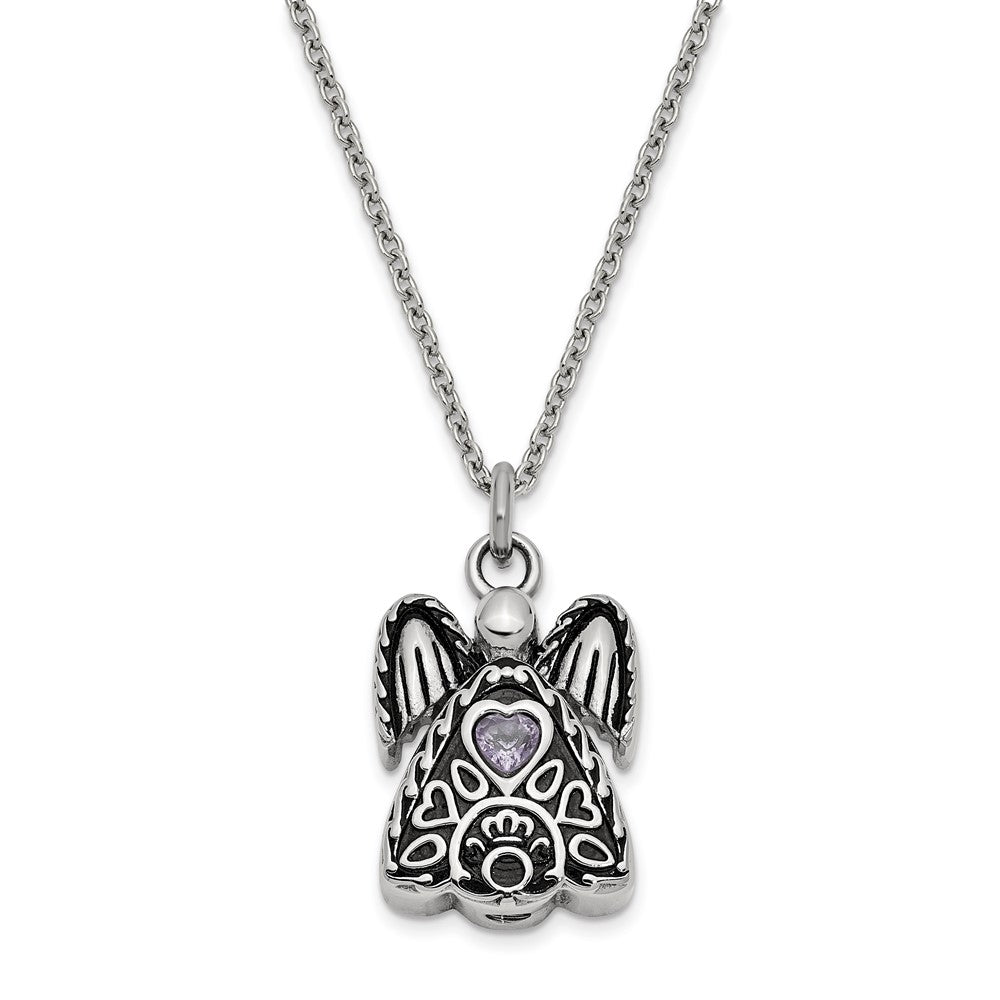 Sentimental Expressions Stainless Steel Light Purple CZ June Birthstone Antiqued Angel Ash Holder 18 Inch Necklace SSX100JUN