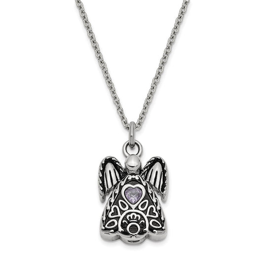 Sentimental Expressions Stainless Steel Light Purple CZ June Birthstone Antiqued Angel Ash Holder 18 Inch Necklace SSX100JUN