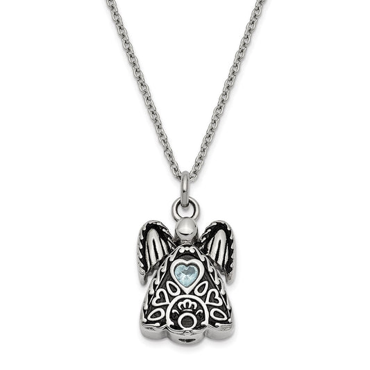 Sentimental Expressions Stainless Steel Light Blue CZ March Birthstone Antiqued Angel Ash Holder 18 inch Necklace SSX100MAR