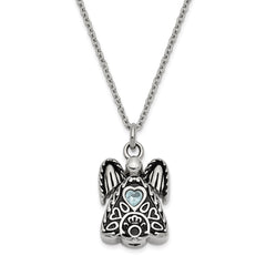 Sentimental Expressions Stainless Steel Light Blue CZ March Birthstone Antiqued Angel Ash Holder 18 inch Necklace SSX100MAR