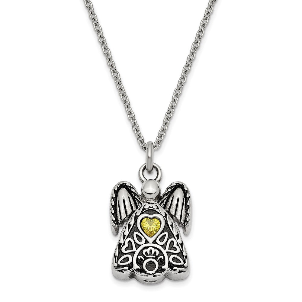 Sentimental Expressions Stainless Steel Yellow CZ November Birthstone Antiqued Angel Ash Holder 18 Inch Necklace SSX100NOV