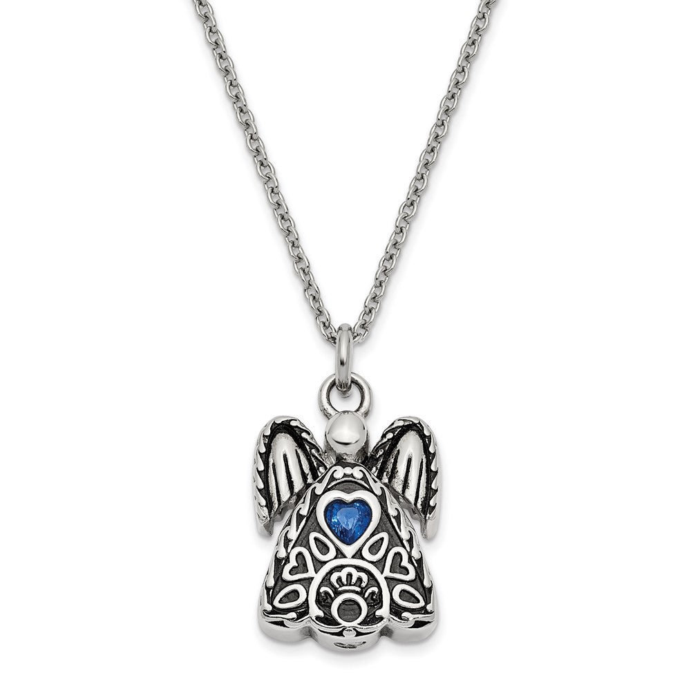 Sentimental Expressions Stainless Steel Dark Blue CZ September Birthstone Antiqued Angel Ash Holder 18 Inch Necklace SSX100SEP