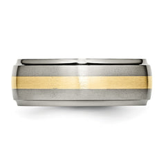 Chisel Titanium Brushed Center with 14k Gold Inlay 8mm Ridged Edge Band