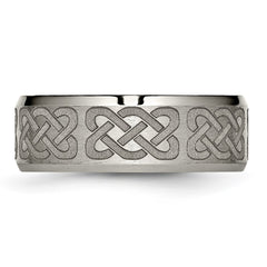 Chisel Titanium Brushed and Polished Celtic Laser Design 8mm Beveled Edge Band
