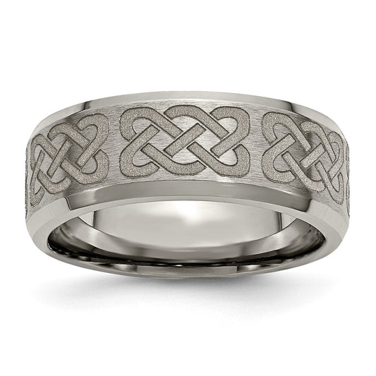 Chisel Titanium Brushed and Polished Celtic Laser Design 8mm Beveled Edge Band