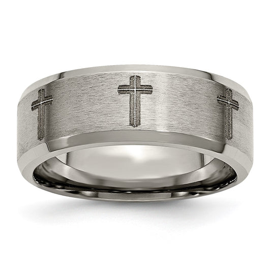 Chisel Titanium Brushed and Polished Cross Laser Design 8mm Beveled Edge Band