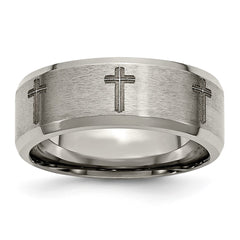 Chisel Titanium Brushed and Polished Cross Laser Design 8mm Beveled Edge Band