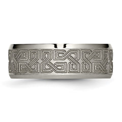 Chisel Titanium Brushed and Polished Greek Key Laser Design 8mm Beveled Band