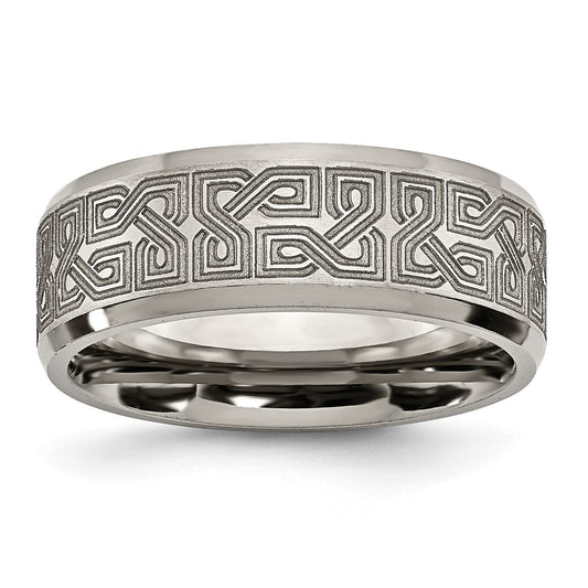 Chisel Titanium Brushed and Polished Greek Key Laser Design 8mm Beveled Band