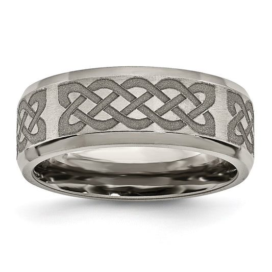 Chisel Titanium Brushed and Polished Celtic Laser Design 8mm Beveled Edge Band