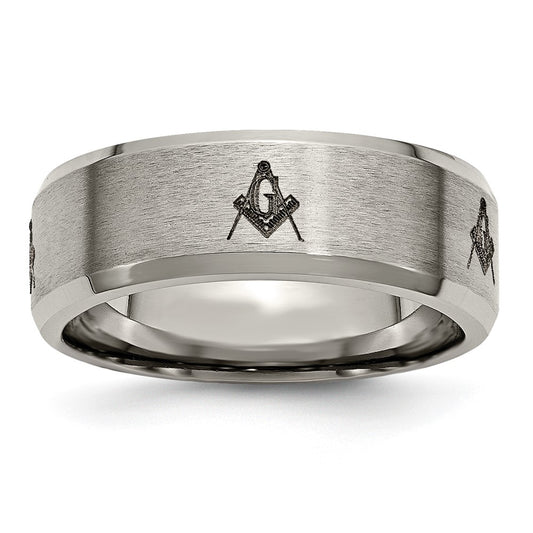 Chisel Titanium Brushed and Polished Masonic Laser Design 8mm Beveled Edge Band