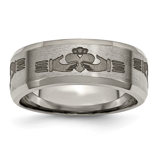 Chisel Titanium Brushed and Polished Claddagh Laser Design 8mm Beveled Edge Band