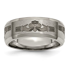 Chisel Titanium Brushed and Polished Claddagh Laser Design 8mm Beveled Edge Band