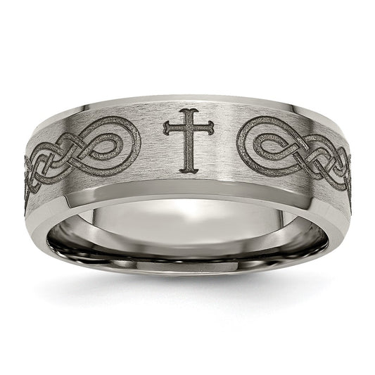 Chisel Titanium Brushed and Polished Cross Laser Design 8mm Beveled Edge Band