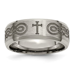 Chisel Titanium Brushed and Polished Cross Laser Design 8mm Beveled Edge Band