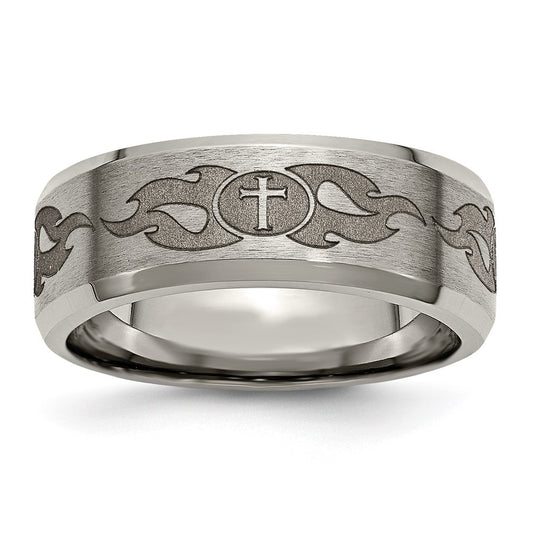 Chisel Titanium Brushed and Polished Cross Laser Design 8mm Beveled Edge Band