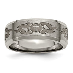 Chisel Titanium Brushed and Polished Cross Laser Design 8mm Beveled Edge Band