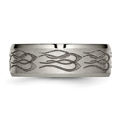 Chisel Titanium Brushed and Polished Flames Laser Design 8mm Beveled Edge Band