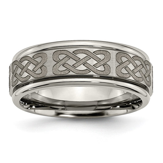 Chisel Titanium Brushed and Polished Celtic Laser Design 8mm Ridged Edge Band