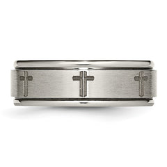 Chisel Titanium Brushed and Polished Cross Laser Design 8mm Ridged Edge Band