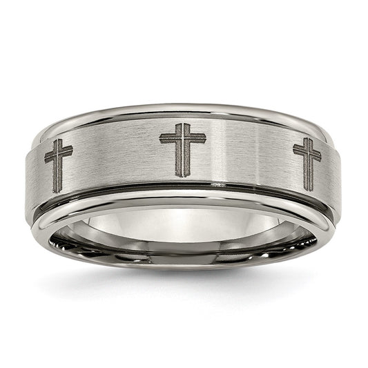 Chisel Titanium Brushed and Polished Cross Laser Design 8mm Ridged Edge Band