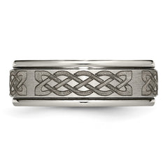 Chisel Titanium Brushed and Polished Celtic Laser Design 8mm Ridged Edge Band