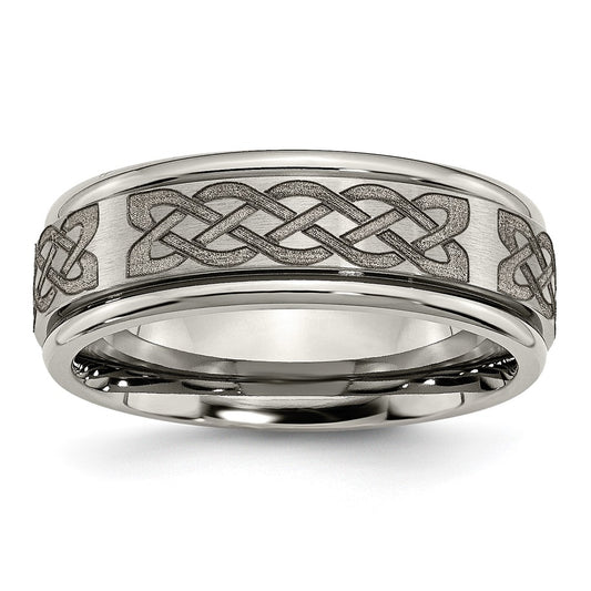 Chisel Titanium Brushed and Polished Celtic Laser Design 8mm Ridged Edge Band